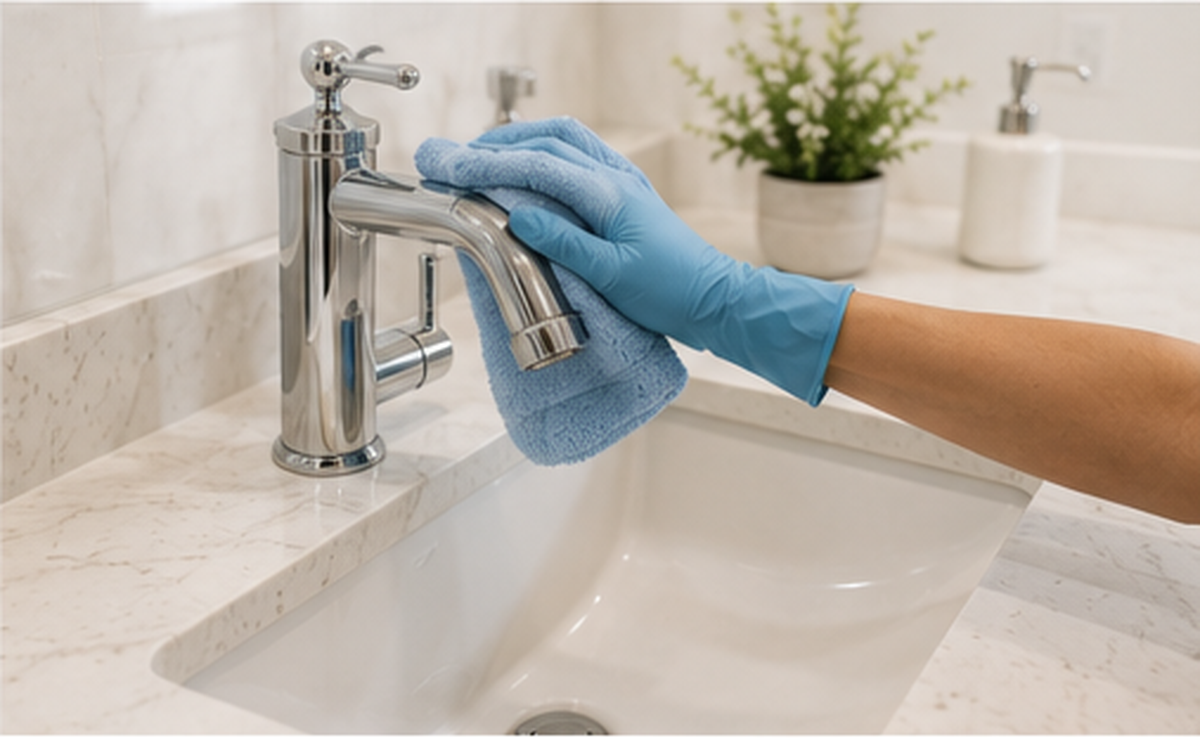 Detailed bathroom cleaning with microfiber cloth